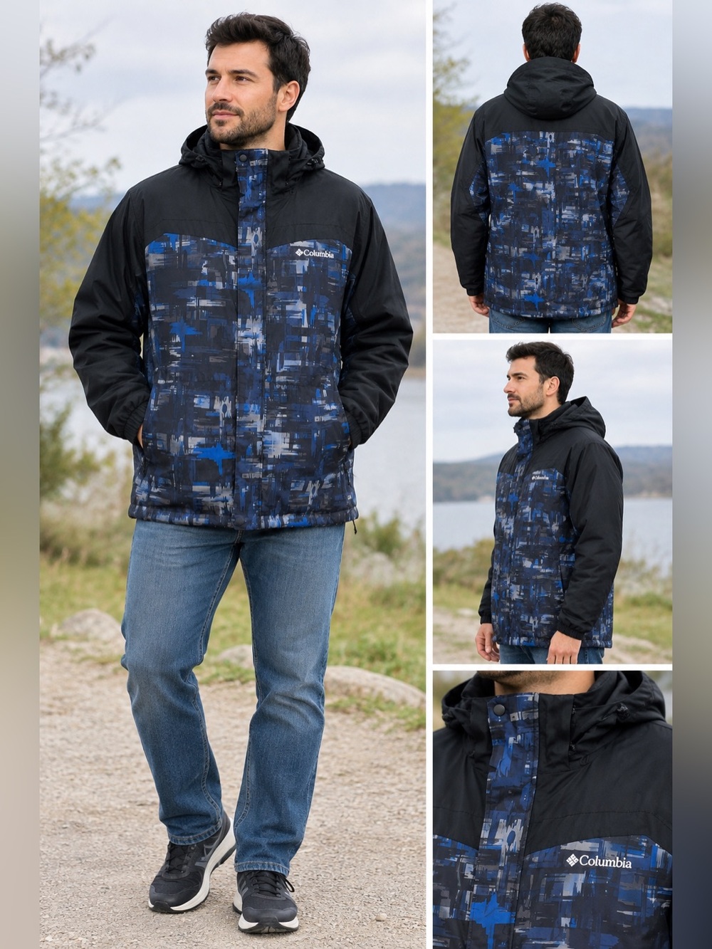 Columbia XL Waterproof Hooded Jacket Black Blue Abstract Print Outdoor